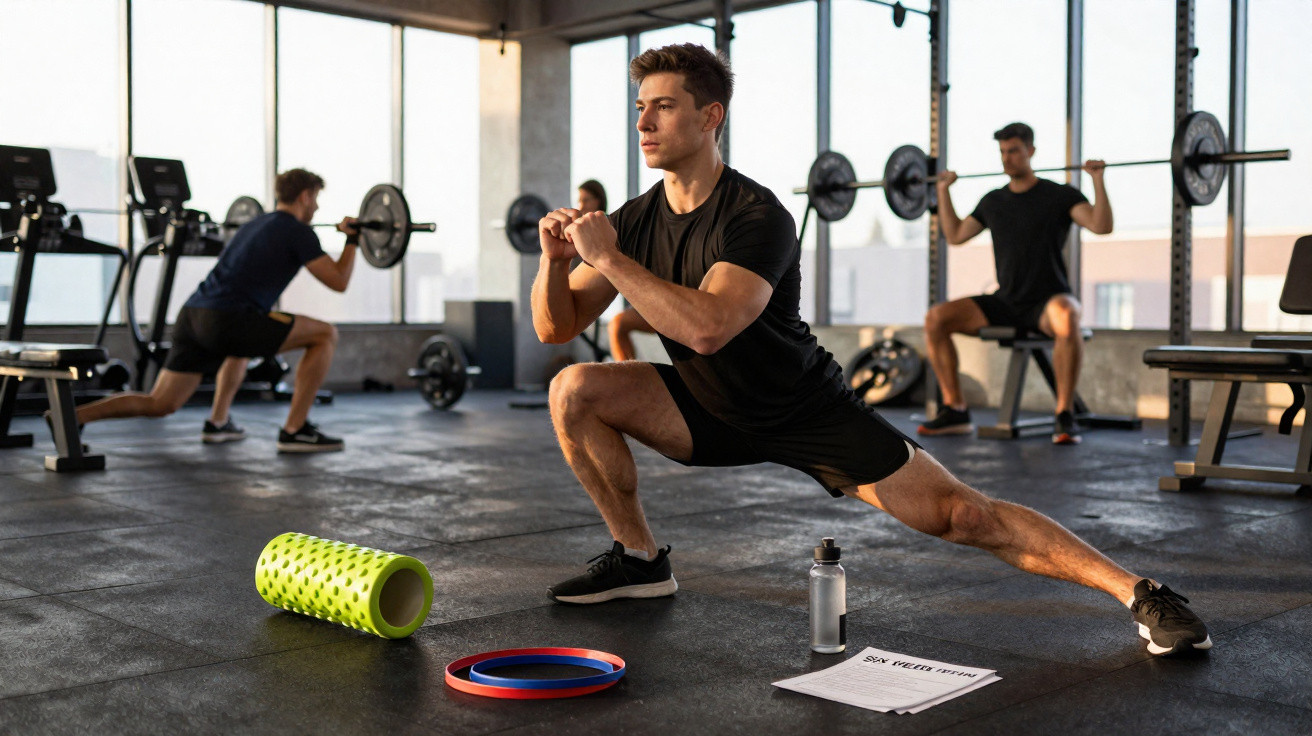 Homem jovem a fazer alongamentos numa academia, com acessórios de treino no chão.