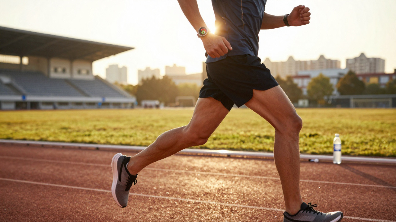 Pessoa a correr numa pista de atletismo ao pôr do sol com relógio desportivo e ténis azuis.