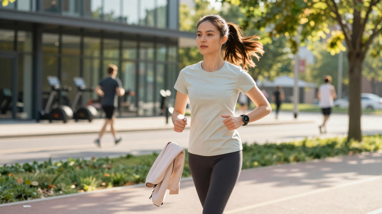 Mulher jovem a correr em roupa desportiva num passeio urbano com prédios e árvores ao fundo.