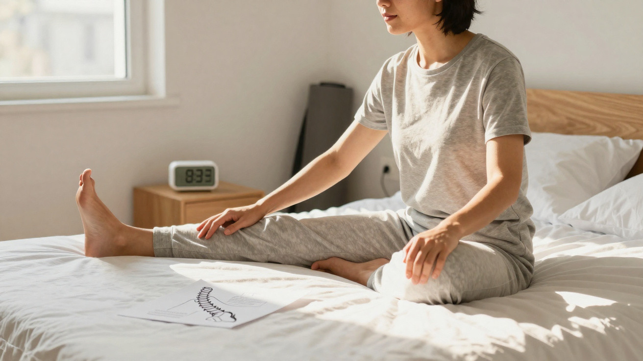 Pessoa sentada numa cama a fazer alongamentos matinais com roupa confortável cinzenta.