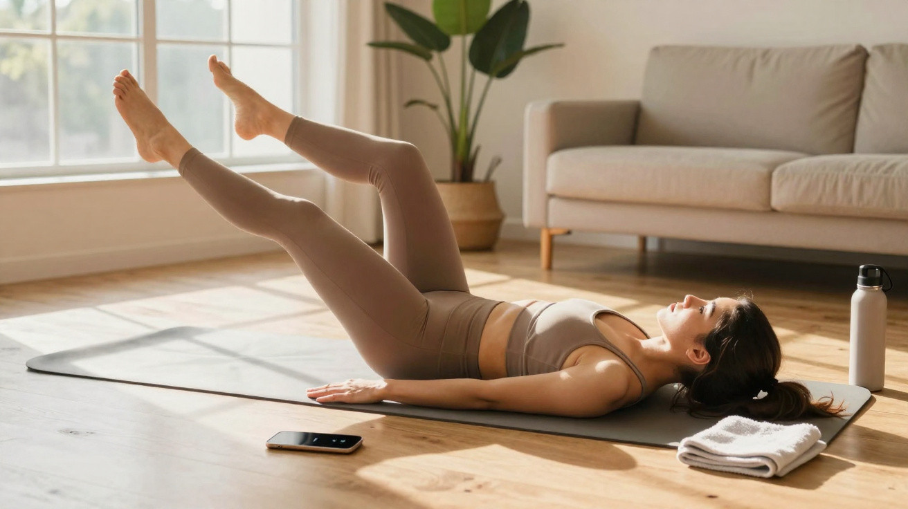 Mulher deitada num tapete de yoga a relaxar numa sala iluminada e acolhedora.