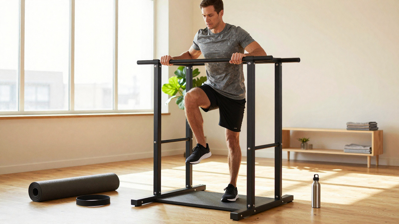 Pessoa a fazer exercício com paralelas em estúdio com tapete de yoga e garrafa de água no chão.