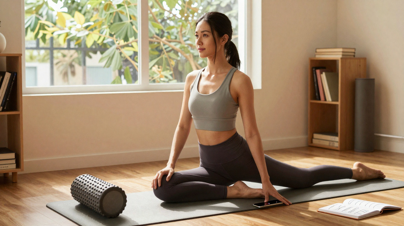 Mulher a fazer alongamento em lunge numa sala com tapete de yoga, halteres e rolo de espuma.