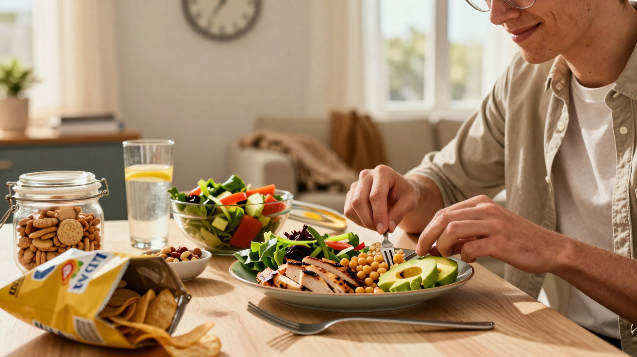 Pessoa a comer salada saudável com grão-de-bico, abacate e legumes numa cozinha iluminada.