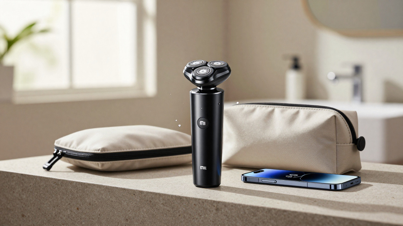 Aparador de barba elétrico preto, smartphone e nécessaire bege em superfície de casa de banho.