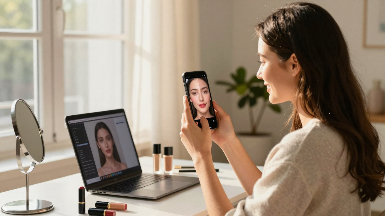 Mulher a tirar selfie com smartphone sentada à mesa com maquilhagem e portátil aberto com a sua imagem.
