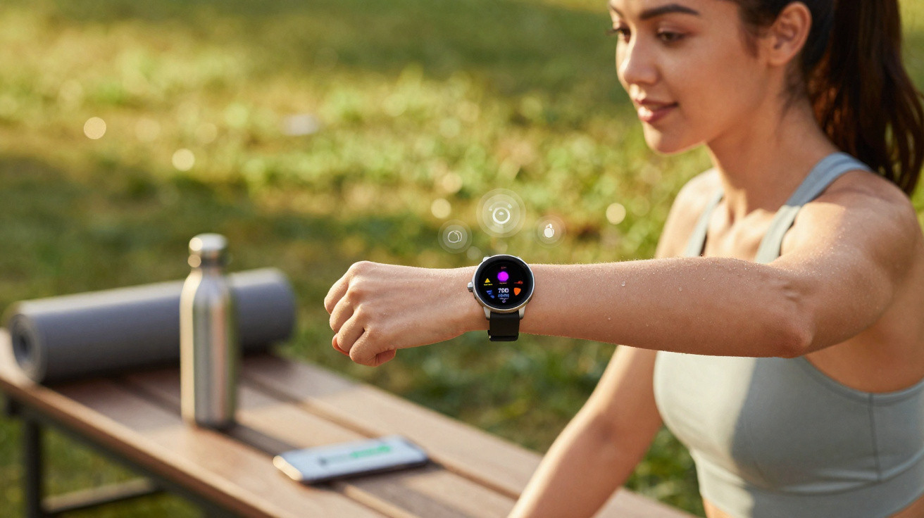 Pessoa a correr ao ar livre com roupa desportiva e relógio inteligente a monitorizar a frequência cardíaca.