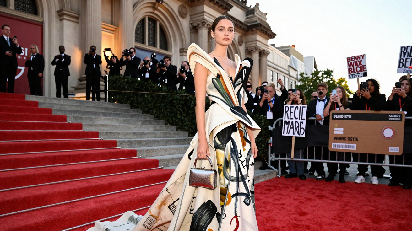 Mulher elegante em vestido artístico com padrões abstratos na passadeira vermelha, com fotógrafos ao fundo.