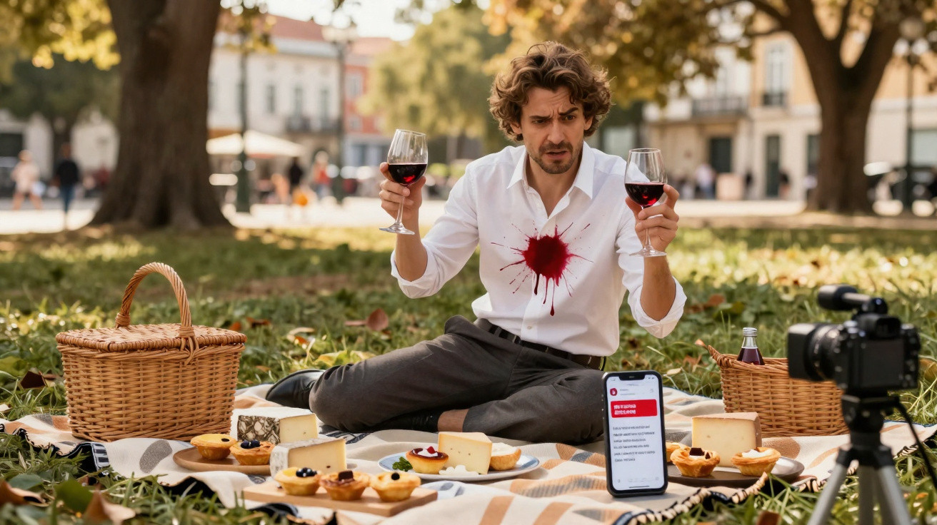 Homem sentado no parque com mancha de vinho na camisa branca e cesta de piquenique ao lado.