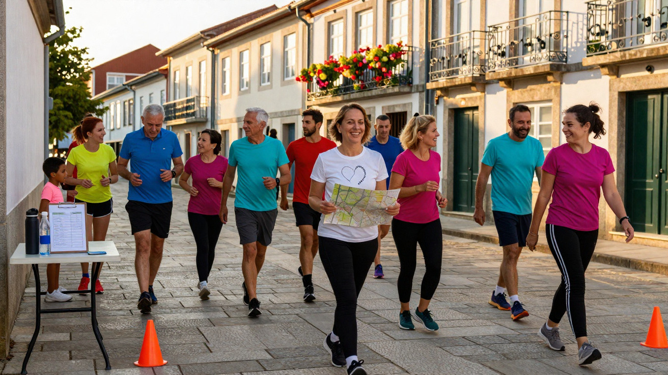 Grupo diversificado de pessoas a caminhar e a correr numa rua empedrada junto a edifícios antigos.