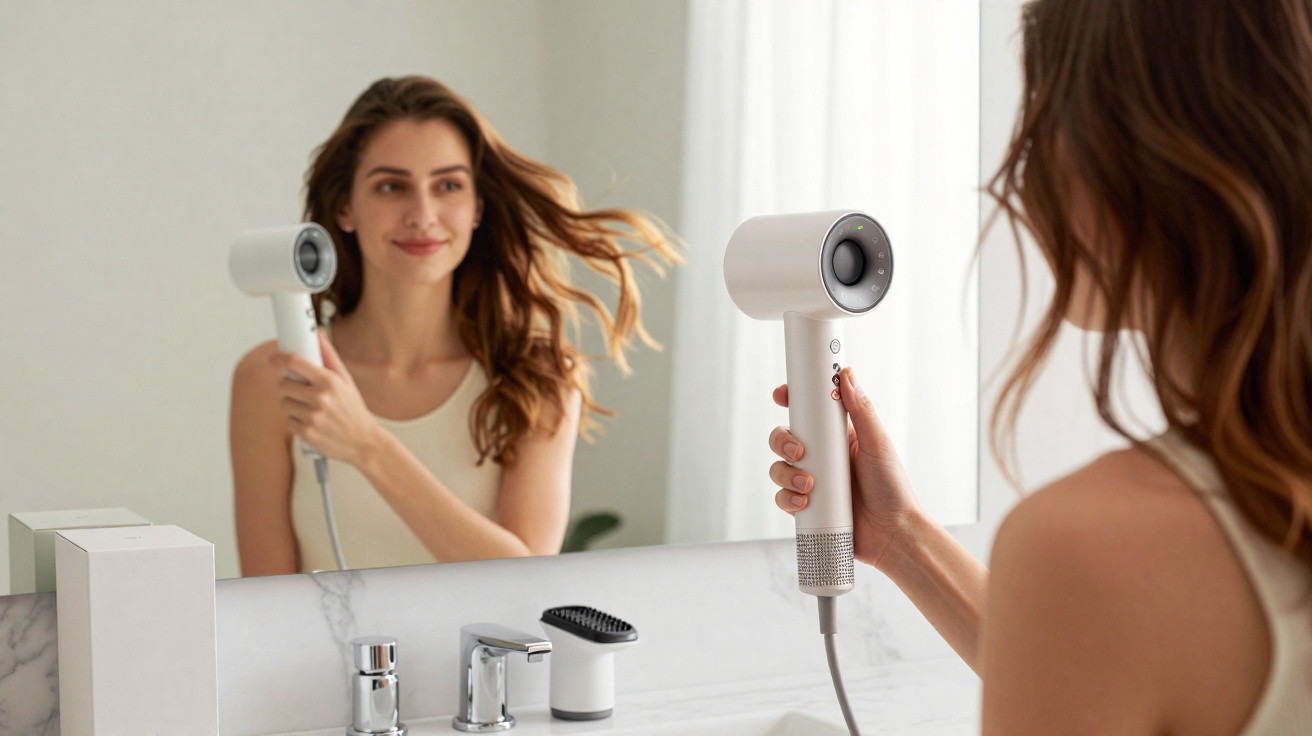 Mulher a secar o cabelo olhando ao espelho numa casa de banho com luz natural.