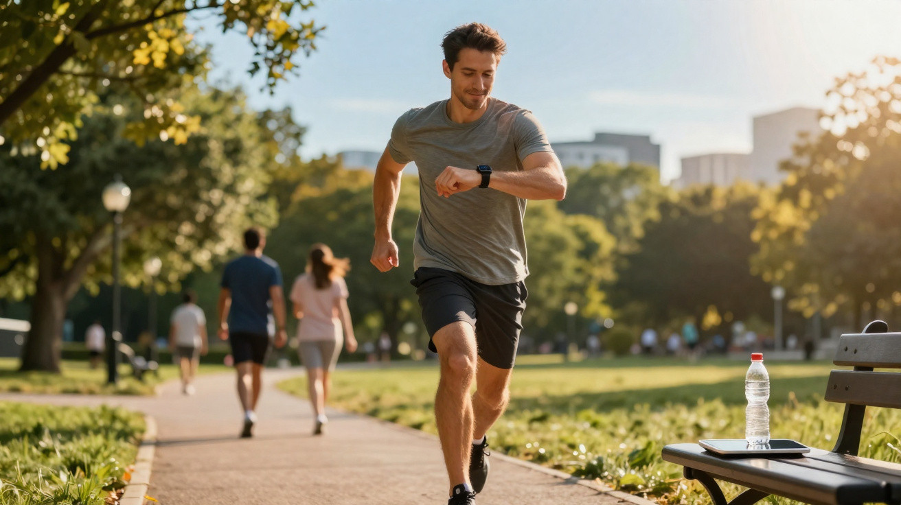 Homem a correr num parque ensolarado enquanto verifica o relógio no pulso.
