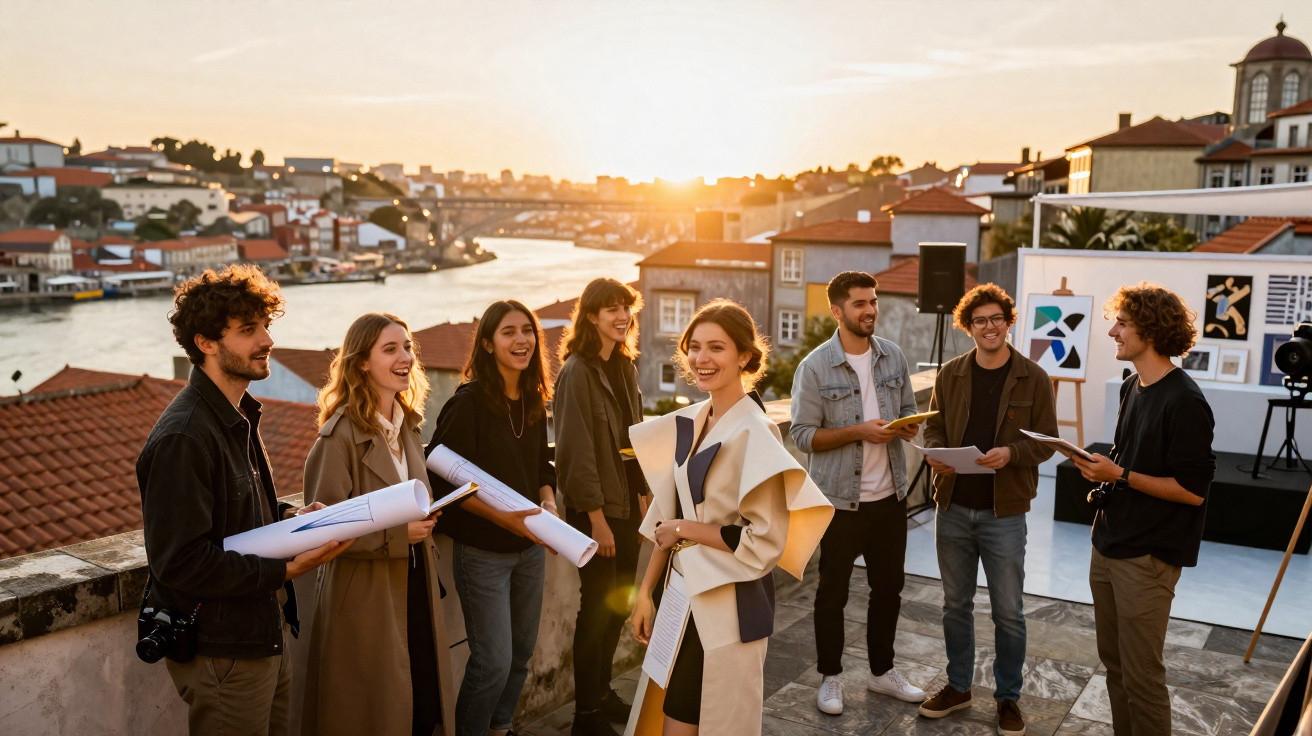 Grupo de jovens a apresentar design de moda num terraço com vista para o rio ao pôr do sol.