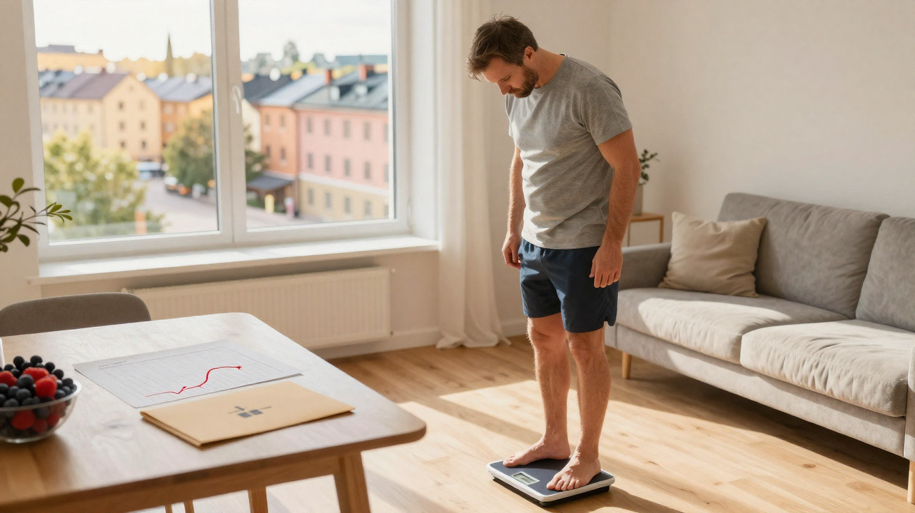 Homem de pé numa balança digital numa sala de estar luminosa com sofá e mesa de madeira.