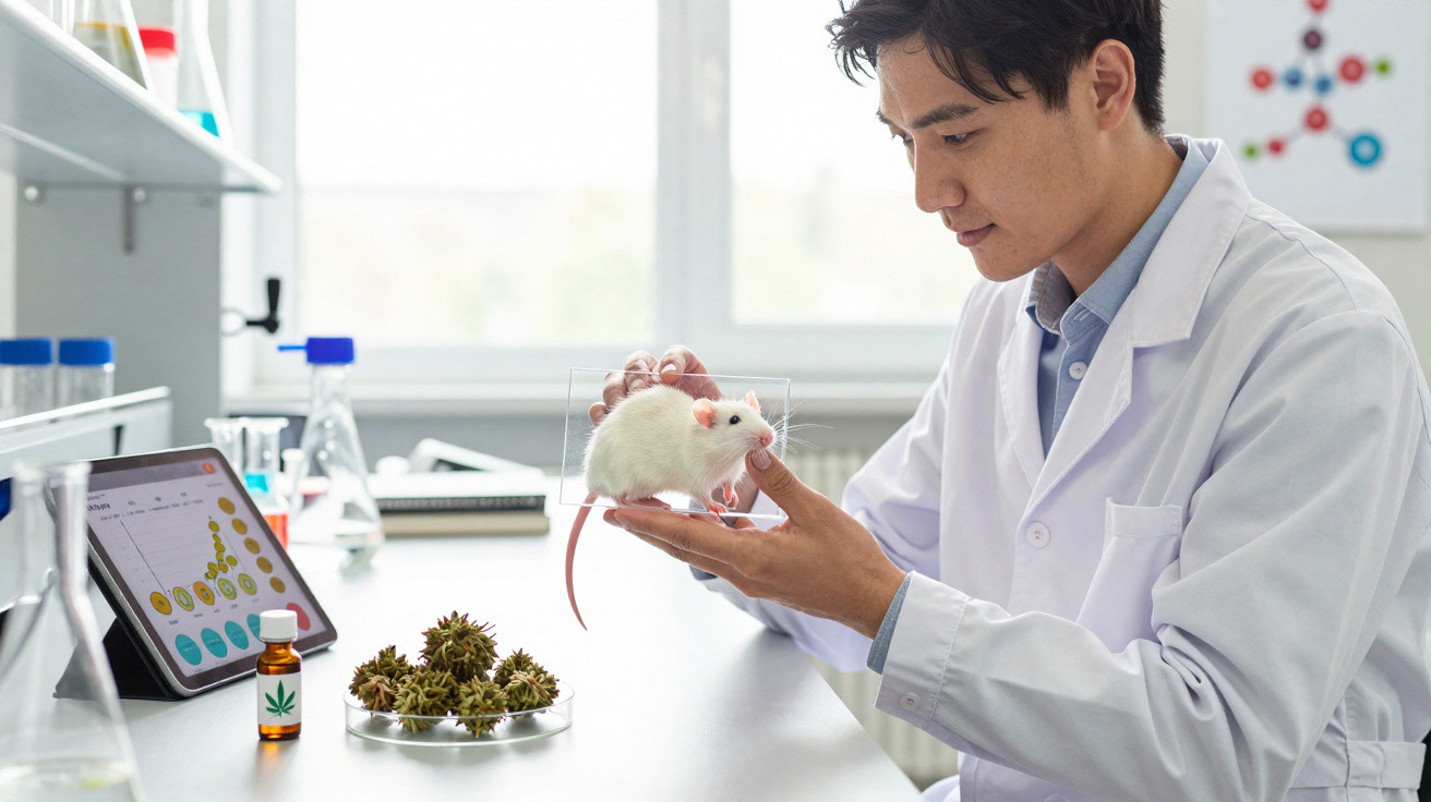 Cientista em laboratório a observar rato branco numa caixa transparente, com amostras de cannabis na mesa.