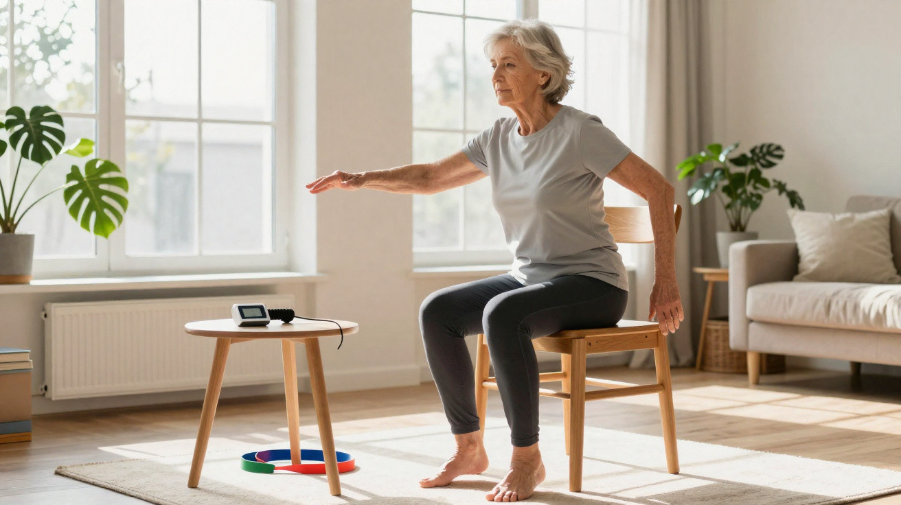 Mulher sénior a fazer exercícios de cadeira na sala de estar luminosa, com tapete, mesa e sofá ao fundo.