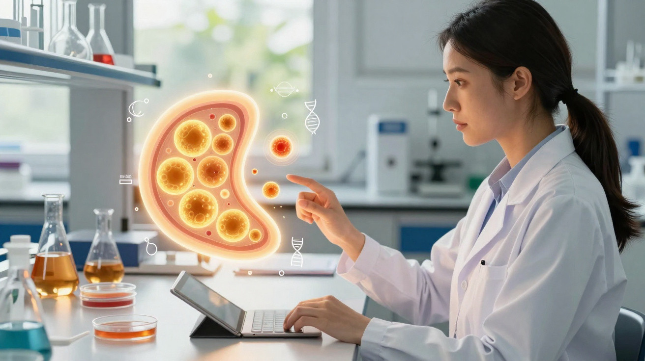 Cientista num laboratório a analisar células em representação holográfica num tablet digital.