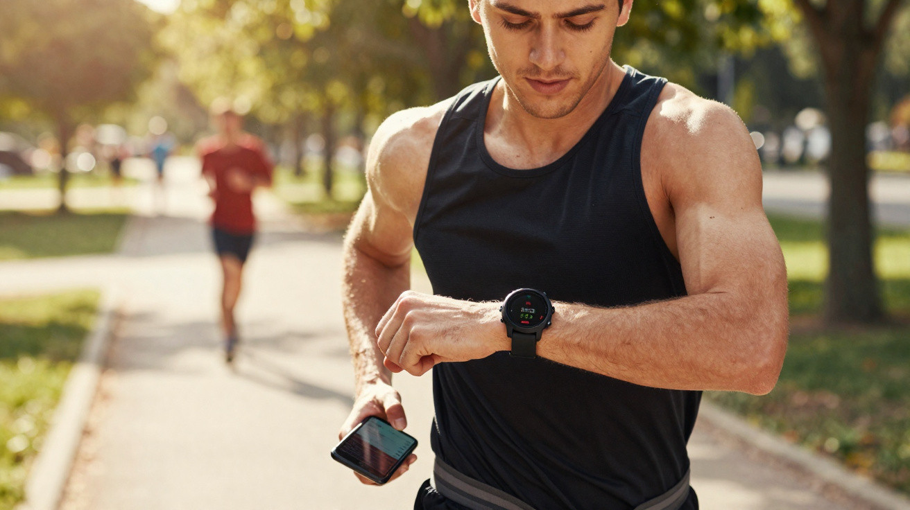 Homem a correr no parque a verificar dados num relógio inteligente enquanto segura um telemóvel.