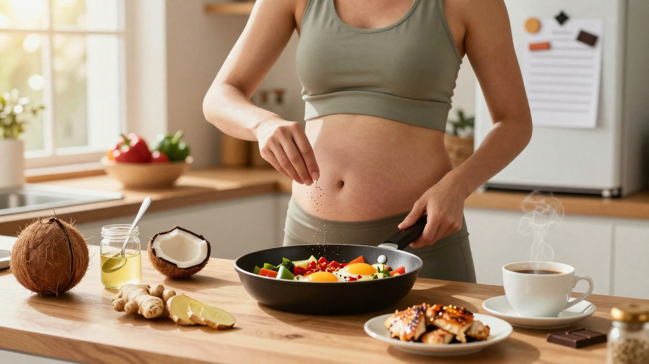 Pessoa a temperar ovos e legumes numa frigideira numa cozinha moderna e luminosa.