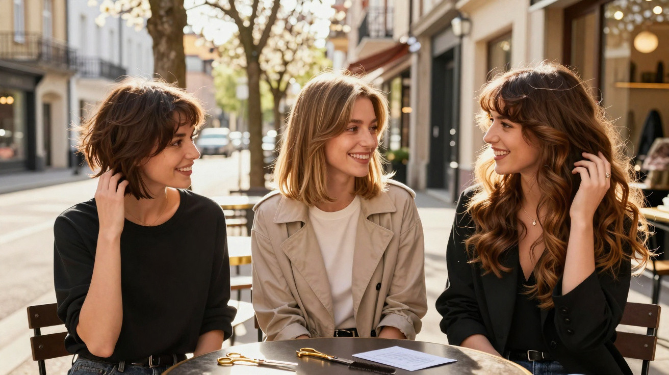 Três mulheres sorridentes sentadas à mesa numa esplanada ao ar livre numa rua com árvores e lojas ao fundo.
