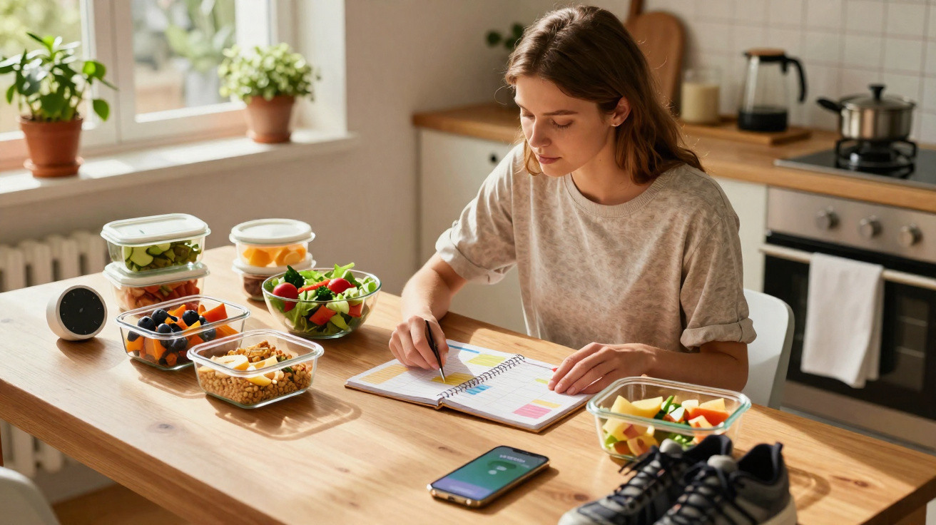 Mulher jovem sentada à mesa a planear refeições rodeada de saladas e frutas frescas na cozinha.