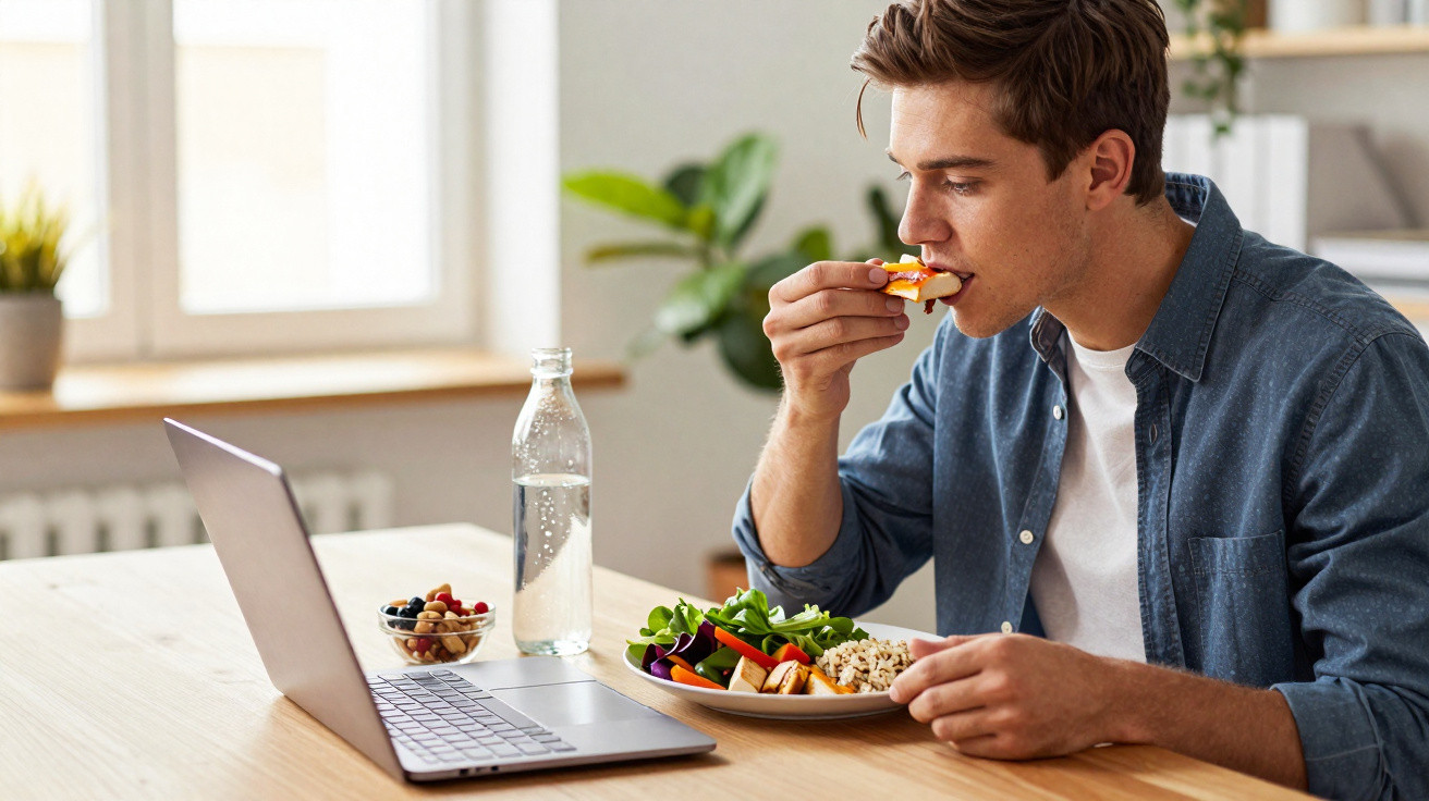 Homem a comer uma sandwich saudável em frente a um computador portátil numa mesa com salada e água.