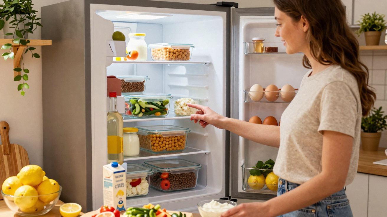 Mulher a organizar alimentos frescos em recipientes dentro de um frigorífico aberto numa cozinha.