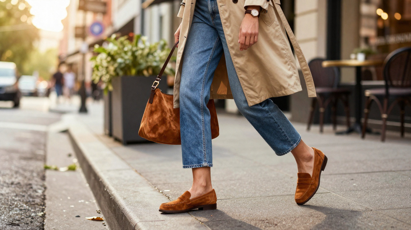 Pessoa com calças de ganga, trench coat bege e mocassins castanhos a caminhar numa calçada urbana.
