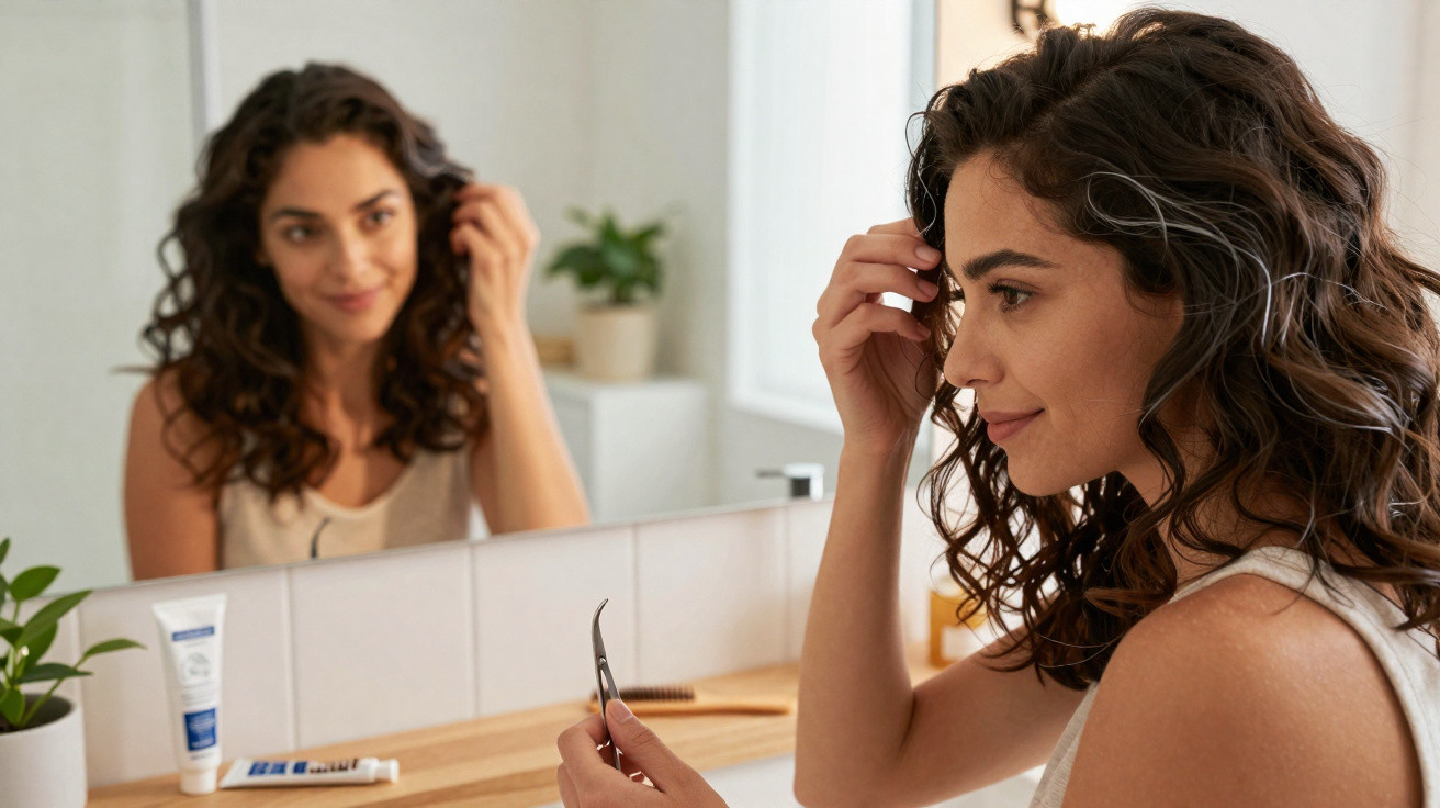 Mulher com cabelo encaracolado a olhar ao espelho num quarto de casa de banho com planta e pente.