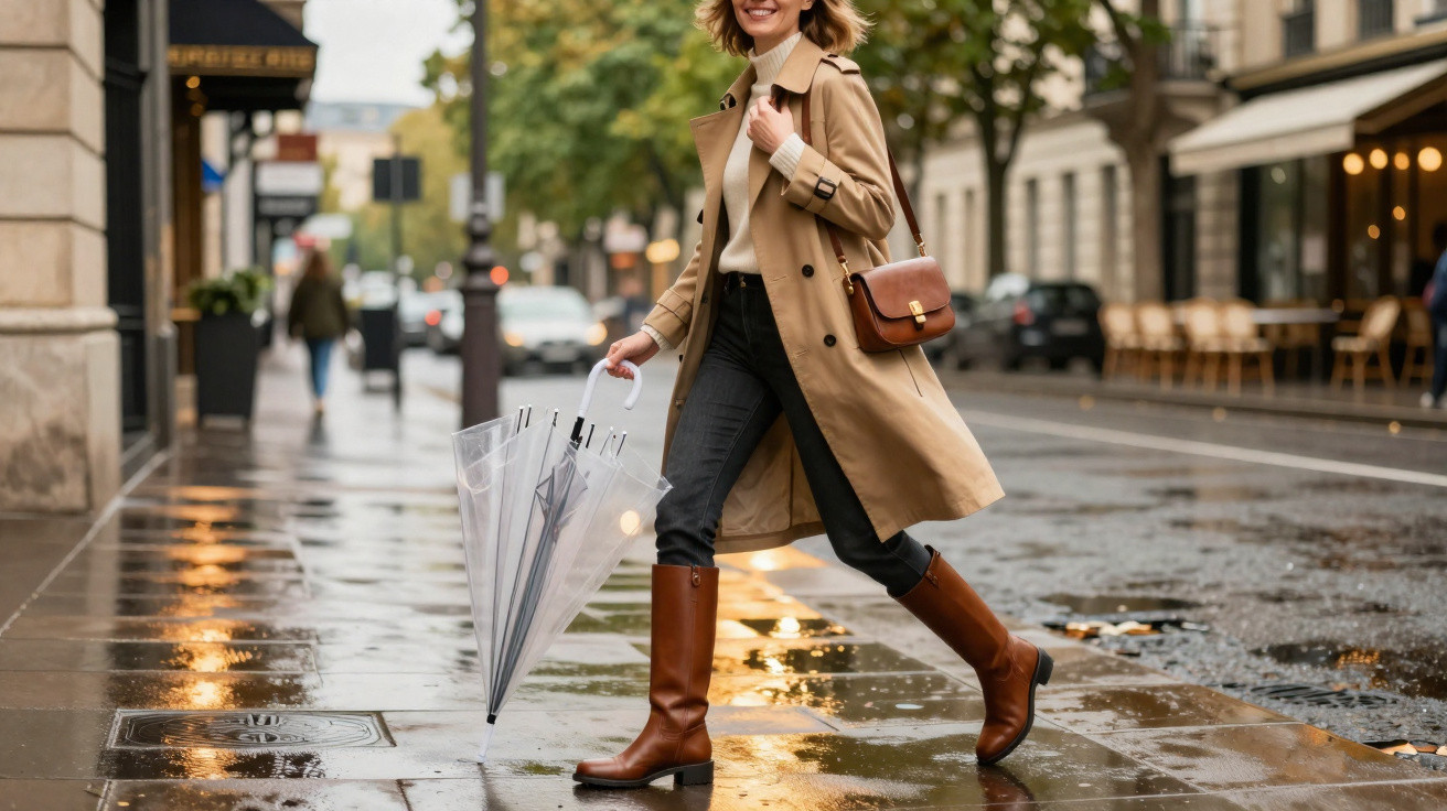 Pessoa de casaco comprido castanho, botas castanhas e calças pretas a andar numa rua molhada com um guarda-chuva transparente