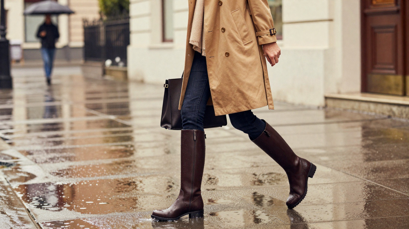 Pessoa a caminhar numa rua molhada de chuva, vestindo casaco camel, botas castanhas e a segurar mala castanha.