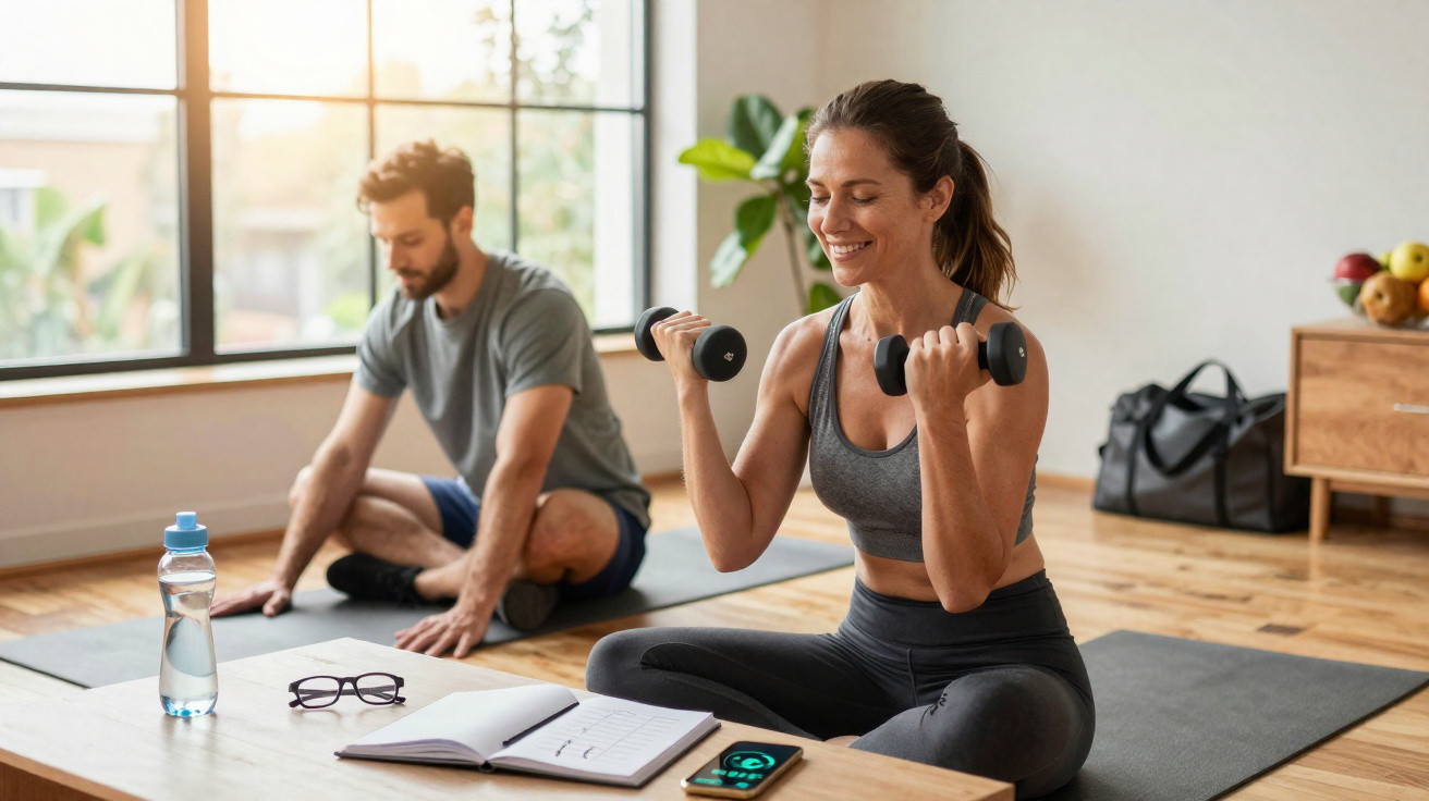 Mulher e homem a fazer exercício com halteres sentados em tapetes de yoga numa sala iluminada.