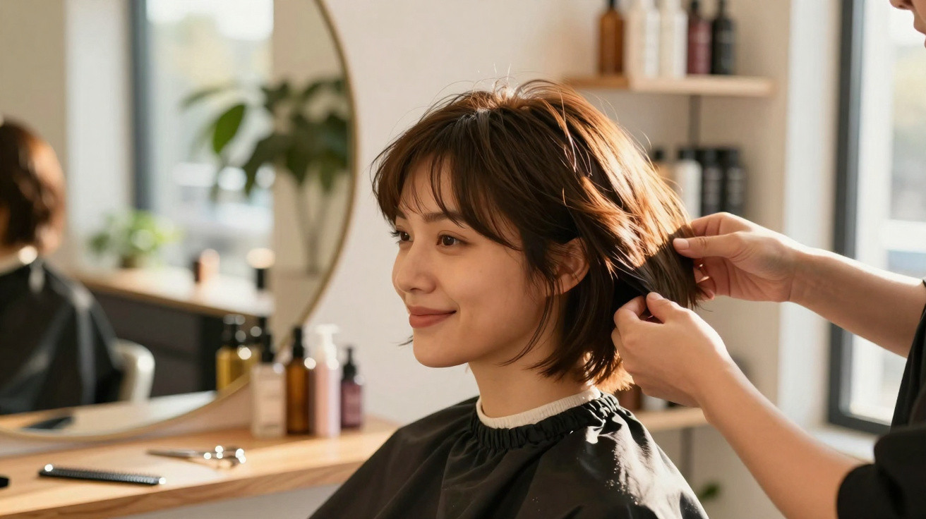 Mulher sorridente a cortar cabelo curto num salão de beleza com espelho e produtos atrás.