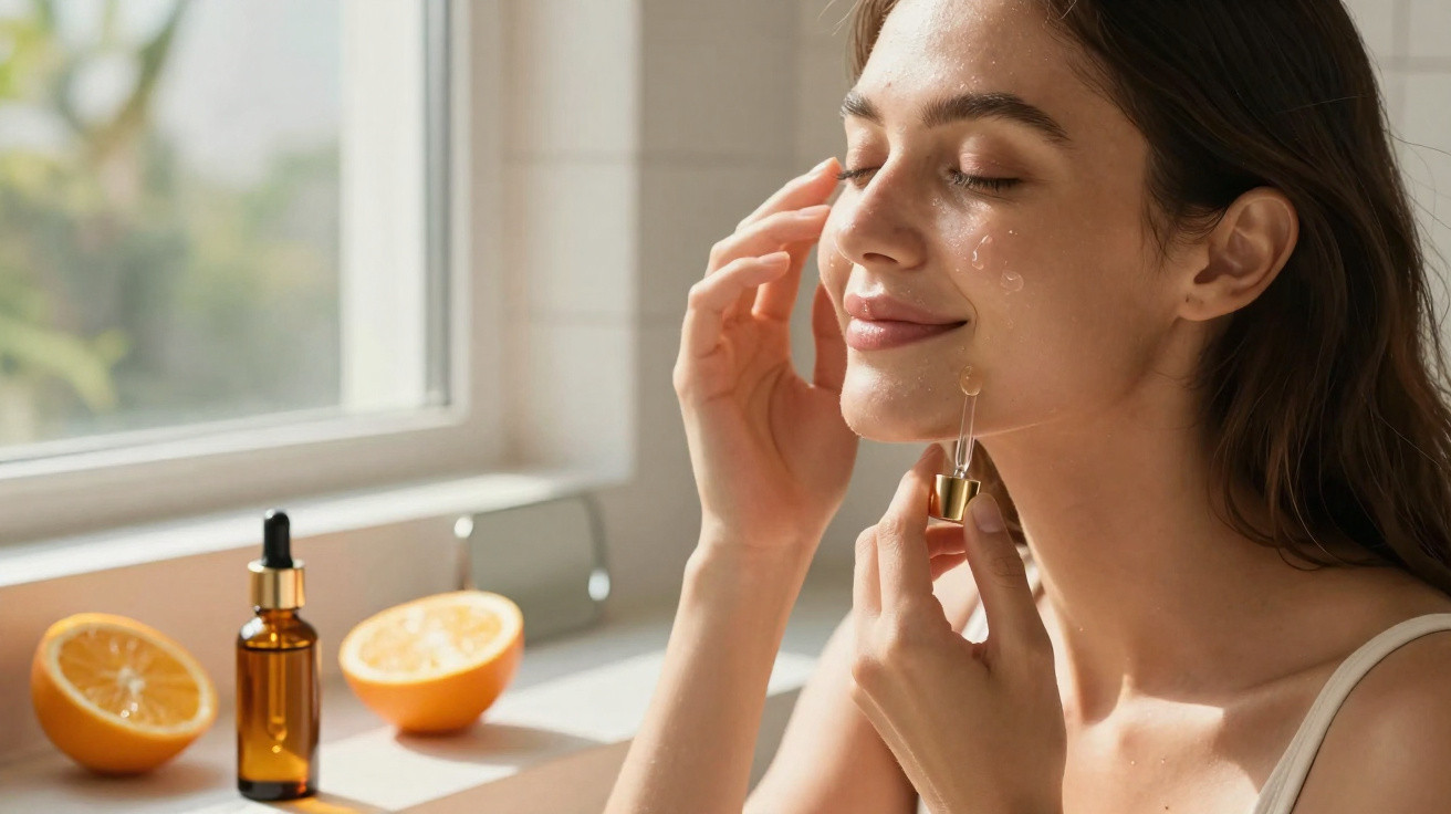 Mulher a aplicar creme facial com extrato de laranja, num ambiente luminoso de casa de banho.