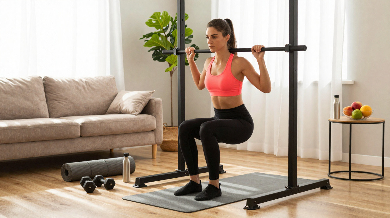 Mulher a fazer exercício com barra em casa, vestindo roupa de treino, sala com sofá e planta ao fundo.