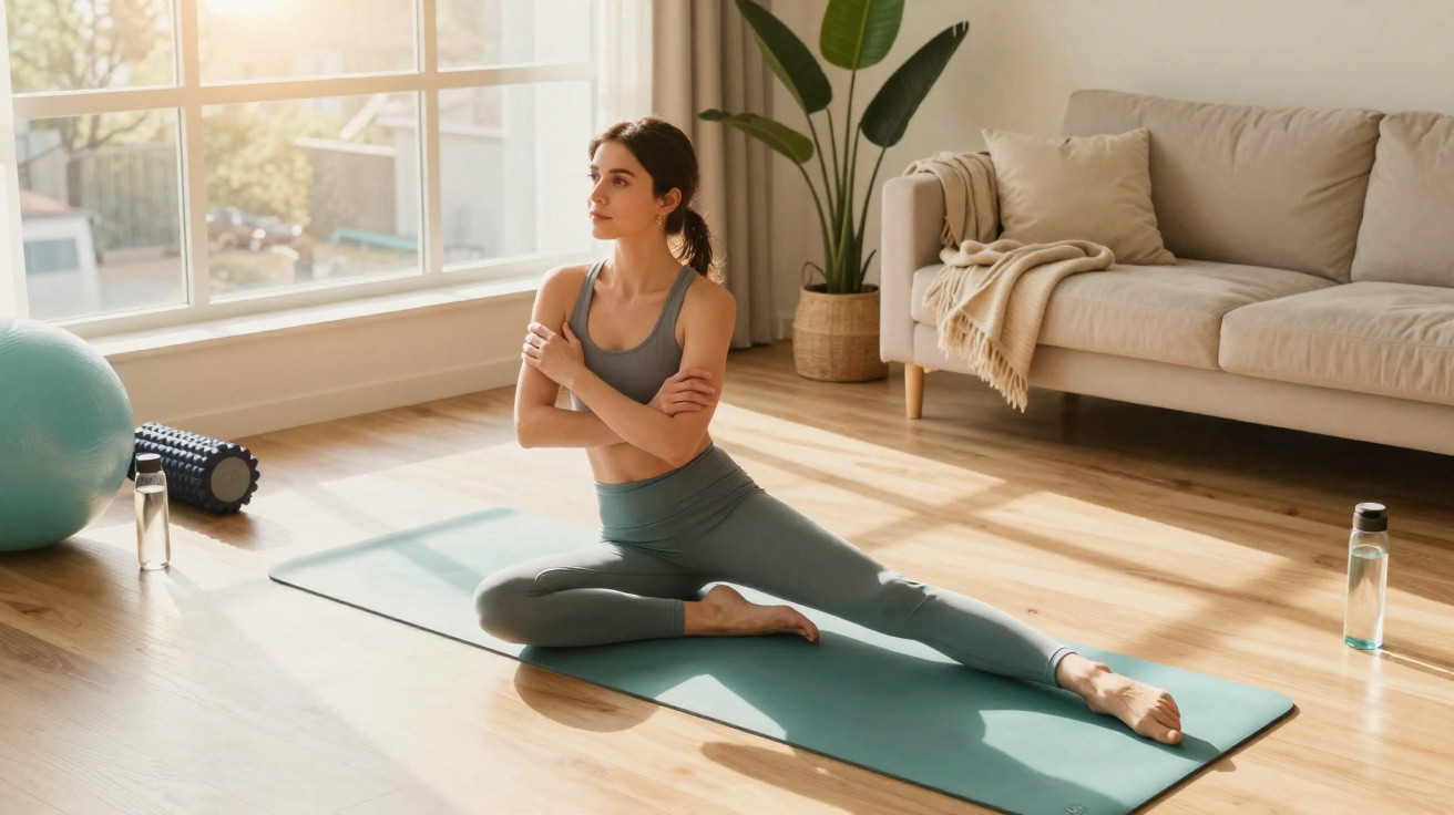 Mulher a fazer alongamentos numa sala de estar luminosa sobre tapete de yoga com garrafas de água e acessórios.