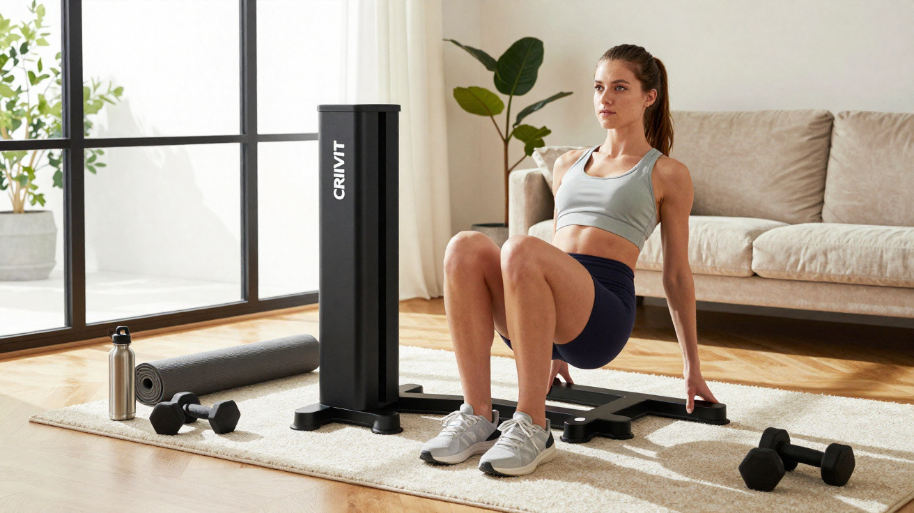 Mulher a fazer exercício no tapete, com pesos, garrafa e máquina de fitness numa sala iluminada.