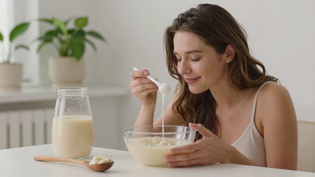Mulher a mexer e provar papas de arroz numa taça transparente numa mesa branca.