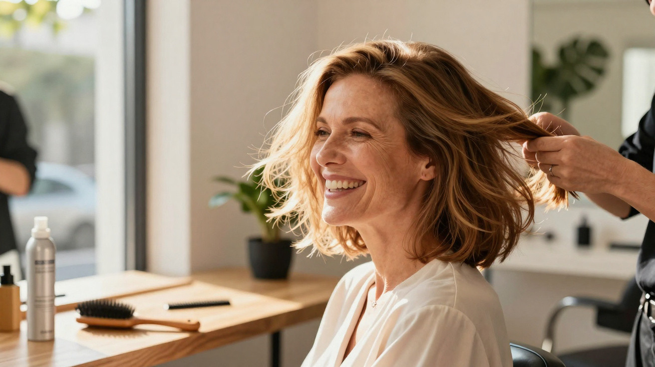 Mulher sorridente a ser penteada num salão de cabeleireiro com luz natural e ambiente moderno.