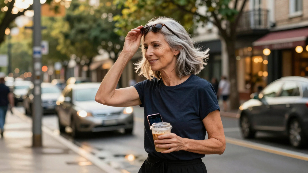 Mulher madura sorridente a segurar café e telemóvel numa rua urbana com carros e árvores ao fundo.