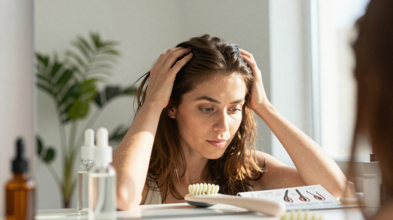 Mulher a examinar o cabelo no espelho, com frasco de líquido e acessórios na bancada à frente.
