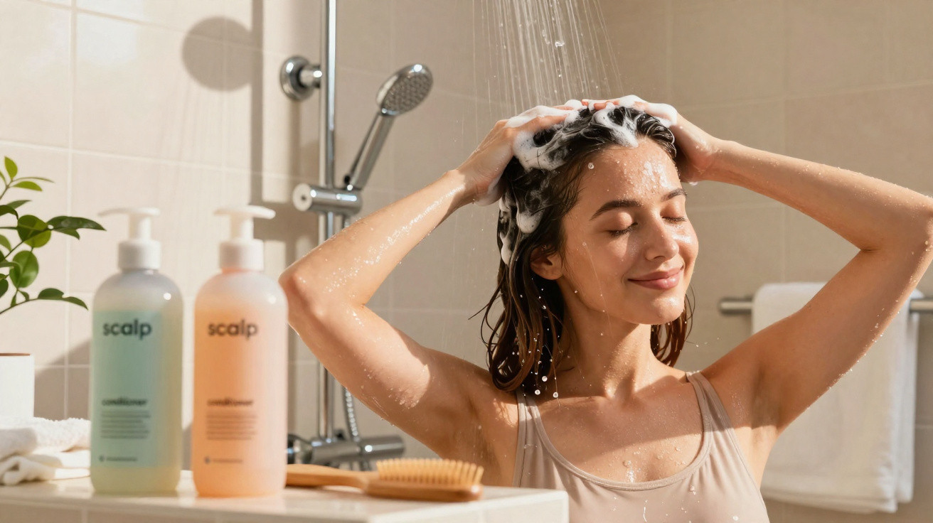 Mulher a lavar o cabelo com shampoo numa casa de banho moderna, com olhos fechados e sorriso relaxado.