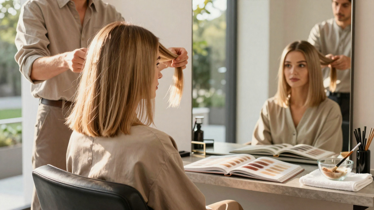 Mulher loira sentada no cabeleireiro a ser preparada para corte de cabelo.