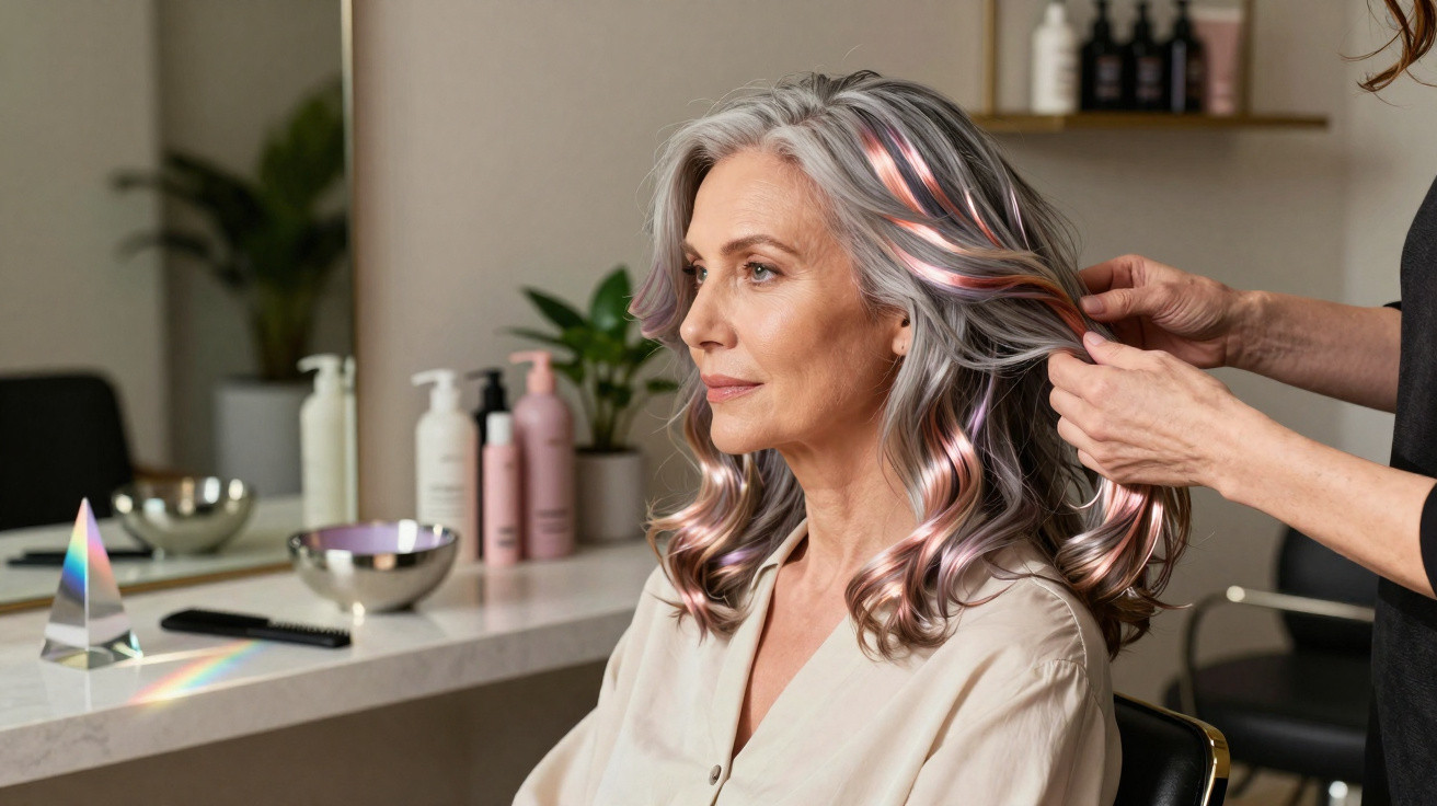 Mulher idosa com cabelo grisalho e pontas cor de rosa a ser penteada num salão de cabeleireiro.