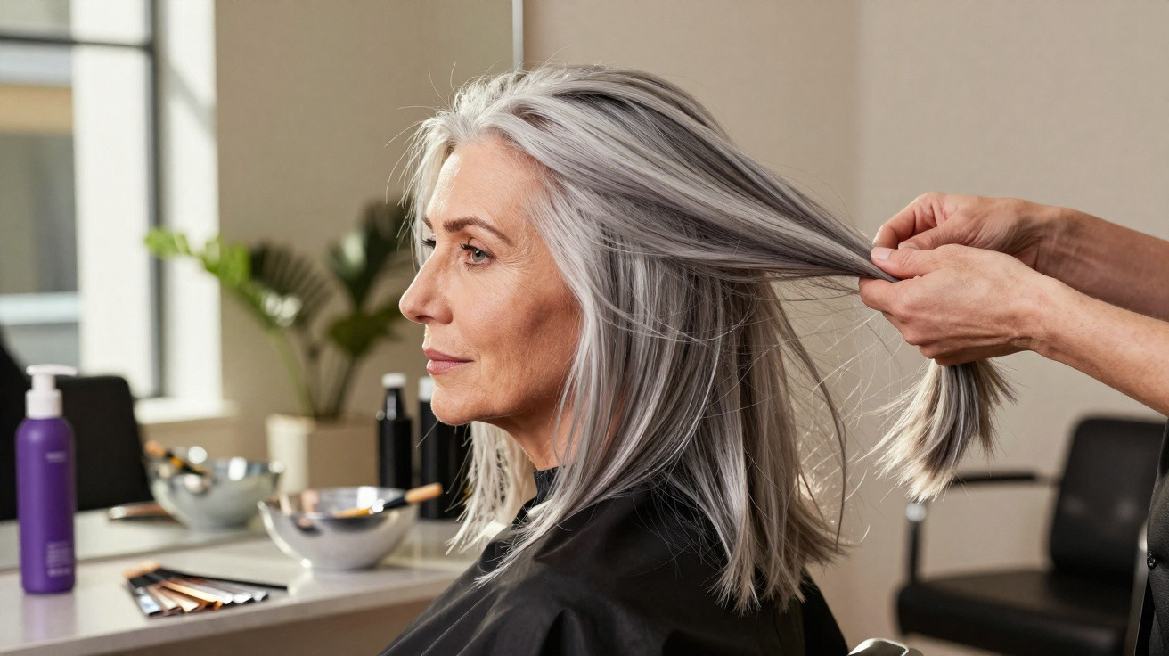 Mulher adulta com cabelo grisalho sendo penteada num salão de beleza moderno e iluminado.