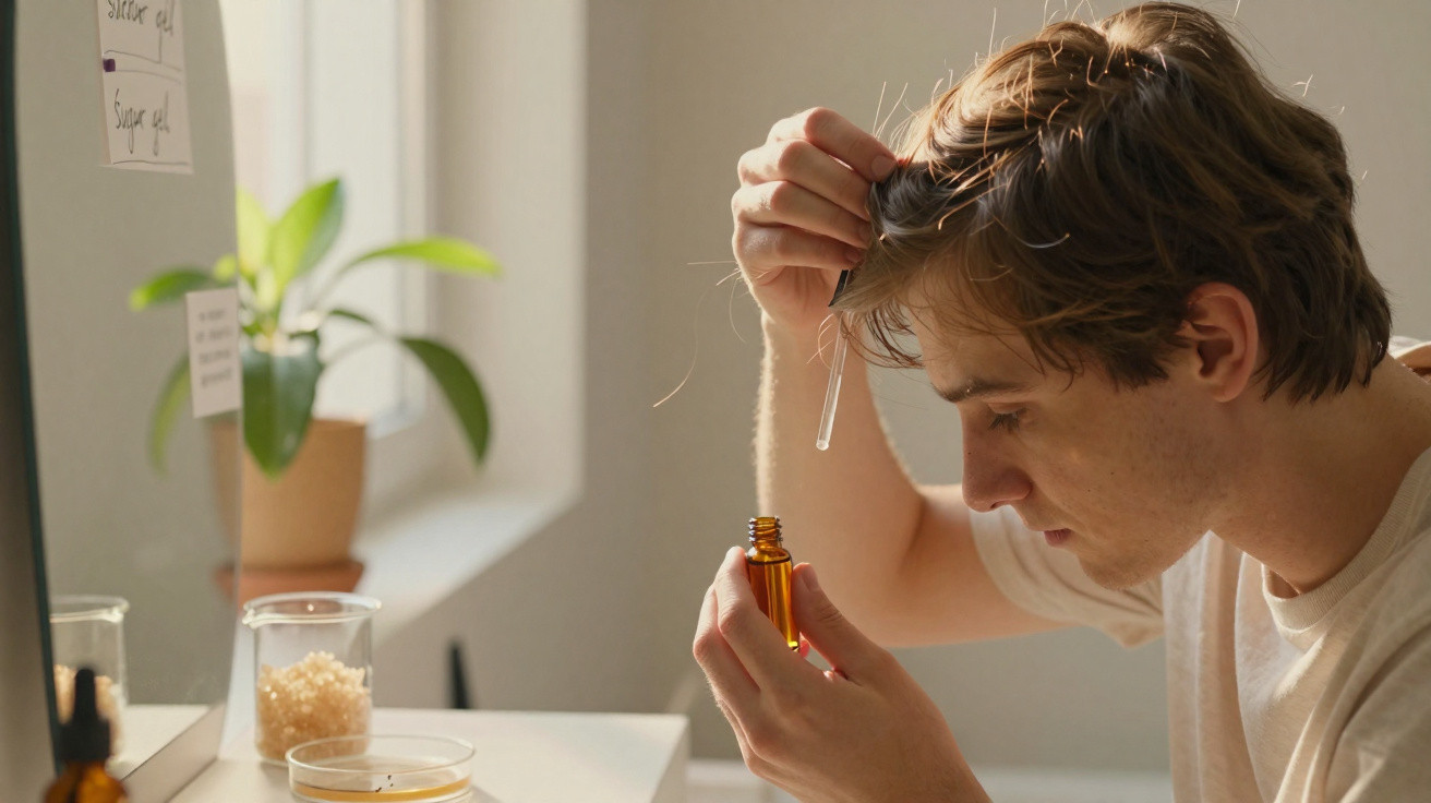 Mulher olha para o espelho segurando frasco com conta-gotas e toca no cabelo, luz natural ilumina o rosto.