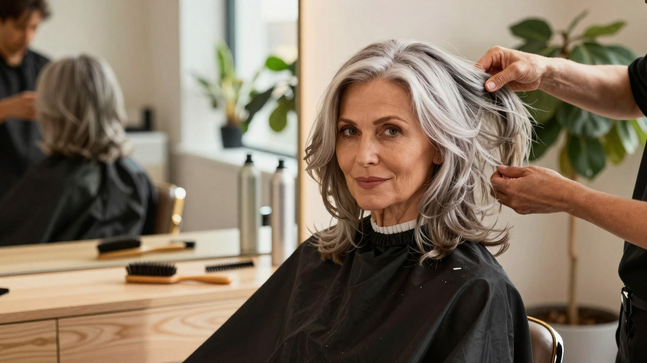 Mulher de cabelo grisalho sentada no cabeleireiro a ser penteada, refletida no espelho à sua frente.