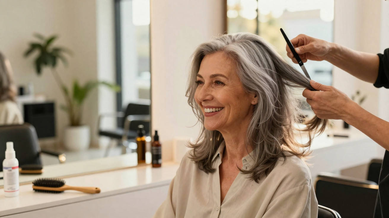 Mulher sénior sorridente sentada num cabeleireiro enquanto recebe tratamento no cabelo.