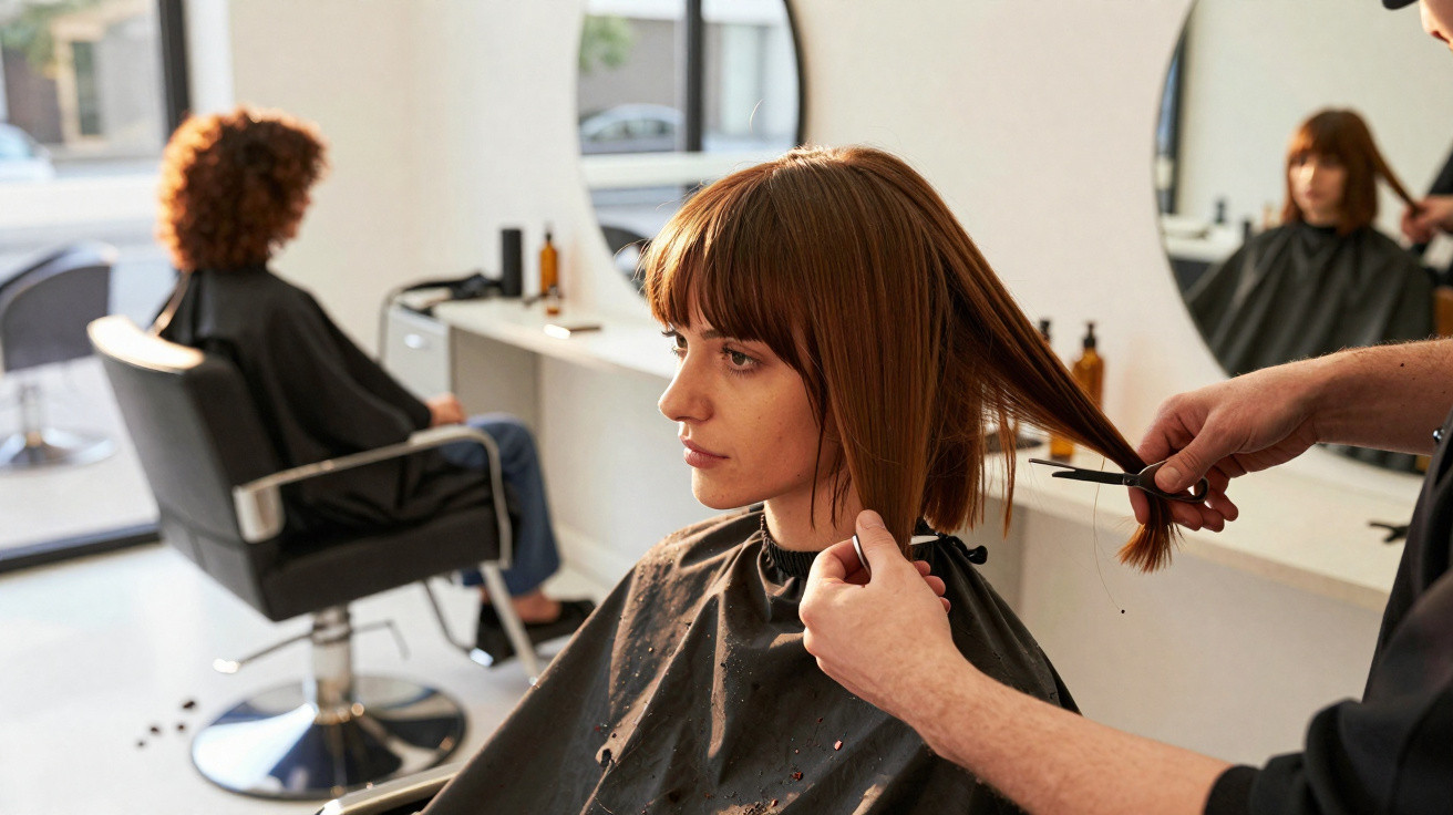 Mulher sentada em cadeira de cabeleireiro a ter o cabelo cortado num salão moderno, com espelhos ao fundo.