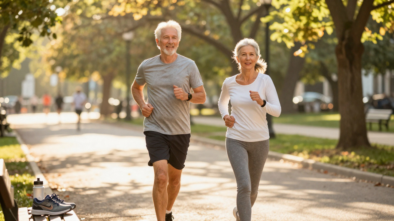 Casal sénior a correr num parque ensolarado com árvores e bancos ao redor.